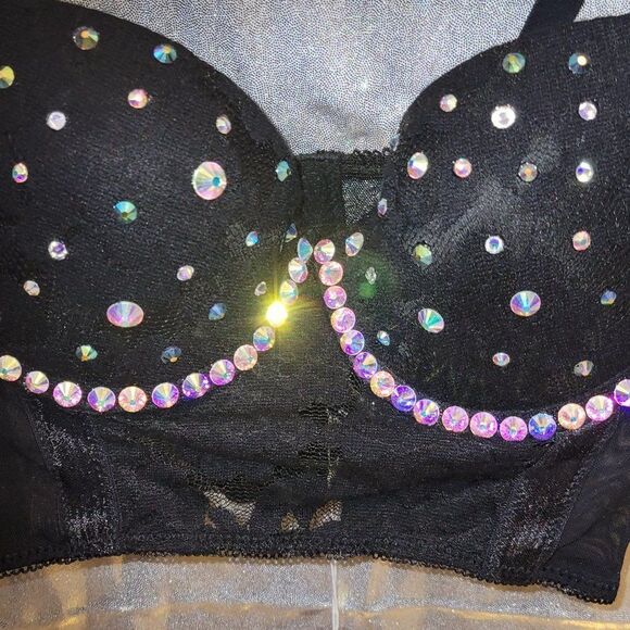 * New Black Lace Corset Push Up Bra with Crystal Embellishments - Picture 4 of 6